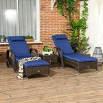 '-Outsunny Patio Wicker Chaise Lounge Chair Set of 2 with Table, 5-Level Adjustable Backrest, Wheels, Cushion & Headrest, Blue - Outdoor Style Company