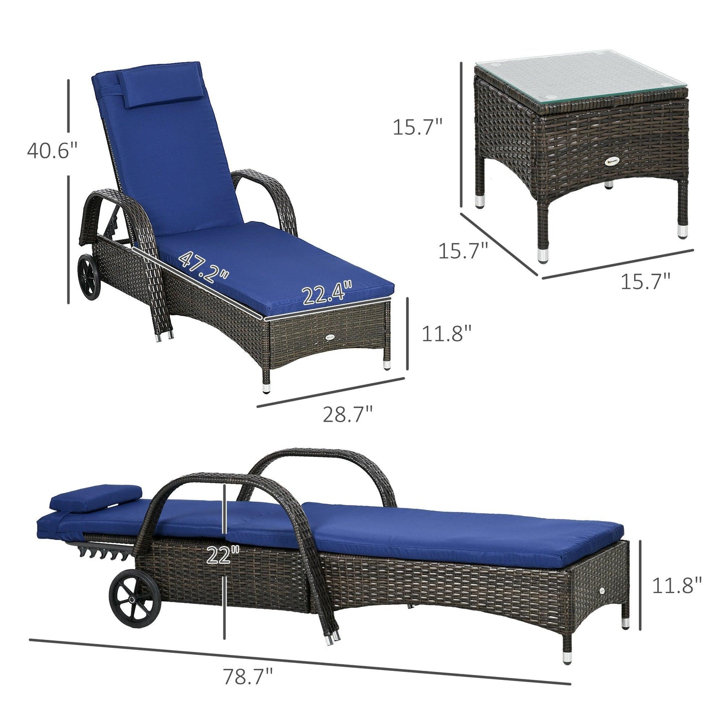 '-Outsunny Patio Wicker Chaise Lounge Chair Set of 2 with Table, 5-Level Adjustable Backrest, Wheels, Cushion & Headrest, Blue - Outdoor Style Company