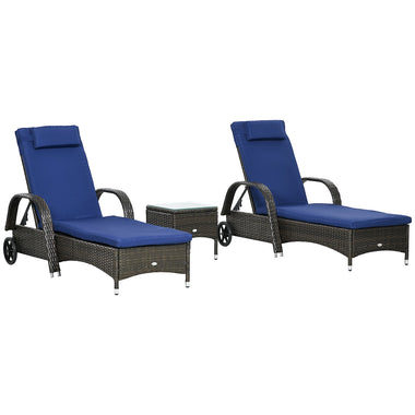 '-Outsunny Patio Wicker Chaise Lounge Chair Set of 2 with Table, 5-Level Adjustable Backrest, Wheels, Cushion & Headrest, Blue - Outdoor Style Company