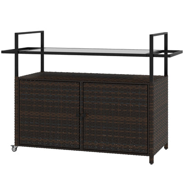 -Outsunny PE Rattan Outdoor Bar Table, Outdoor Kitchen Island with 2-Tier Shelf, Patio Serving Cart with Glass Top & Handles for Poolside, Mixed Brown - Outdoor Style Company
