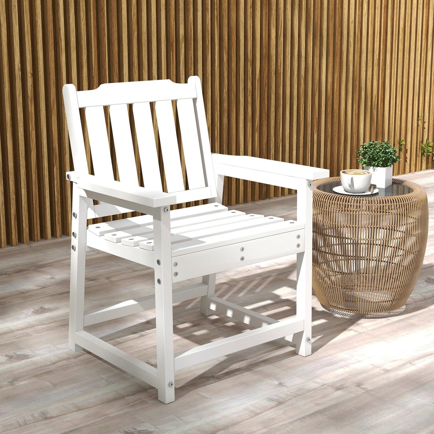 '-Outsunny Plastic Patio Chairs, Outdoor Dining Chair with Armrests and Slatted Back, Outdoor Armchair for Lawn, Garden, Poolside, Backyard, White - Outdoor Style Company