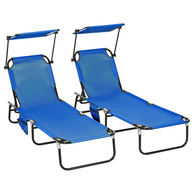 Reclining Lounge Chairs - Outsunny Pool Chaise Lounge Chairs Set of 2, Folding Lounge Chairs with Sunshade, Reclining Back, Steel Frame, Blue - Outdoor Style Company