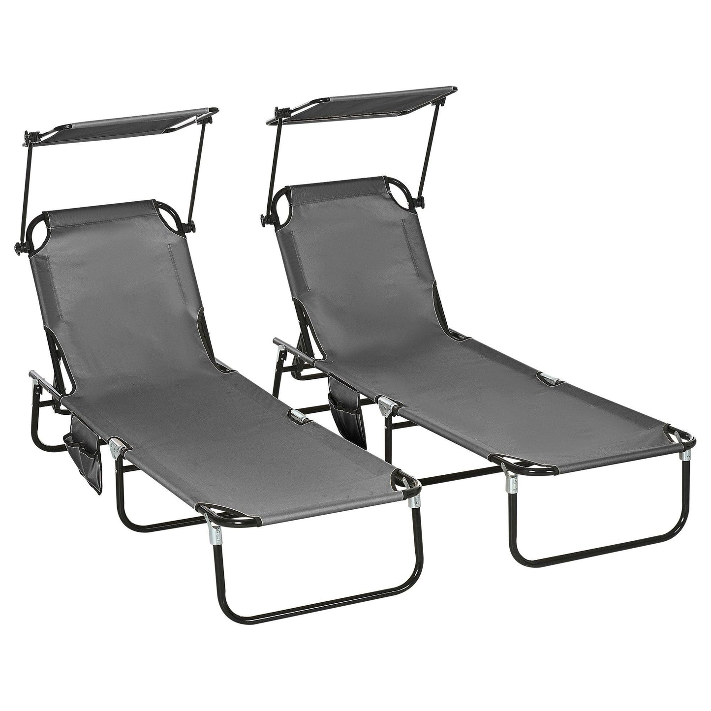 Reclining Lounge Chairs - Outsunny Pool Chaise Lounge Chairs Set of 2, Folding Lounge Chairs with Sunshade, Reclining Back, Steel Frame, Dark Gray - Outdoor Style Company