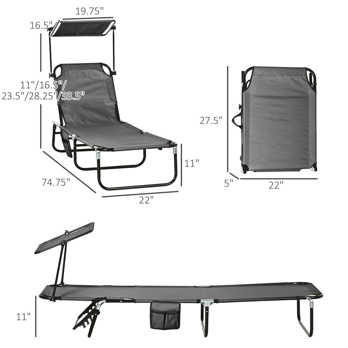 Reclining Lounge Chairs - Outsunny Pool Chaise Lounge Chairs Set of 2, Folding Lounge Chairs with Sunshade, Reclining Back, Steel Frame, Dark Gray - Outdoor Style Company