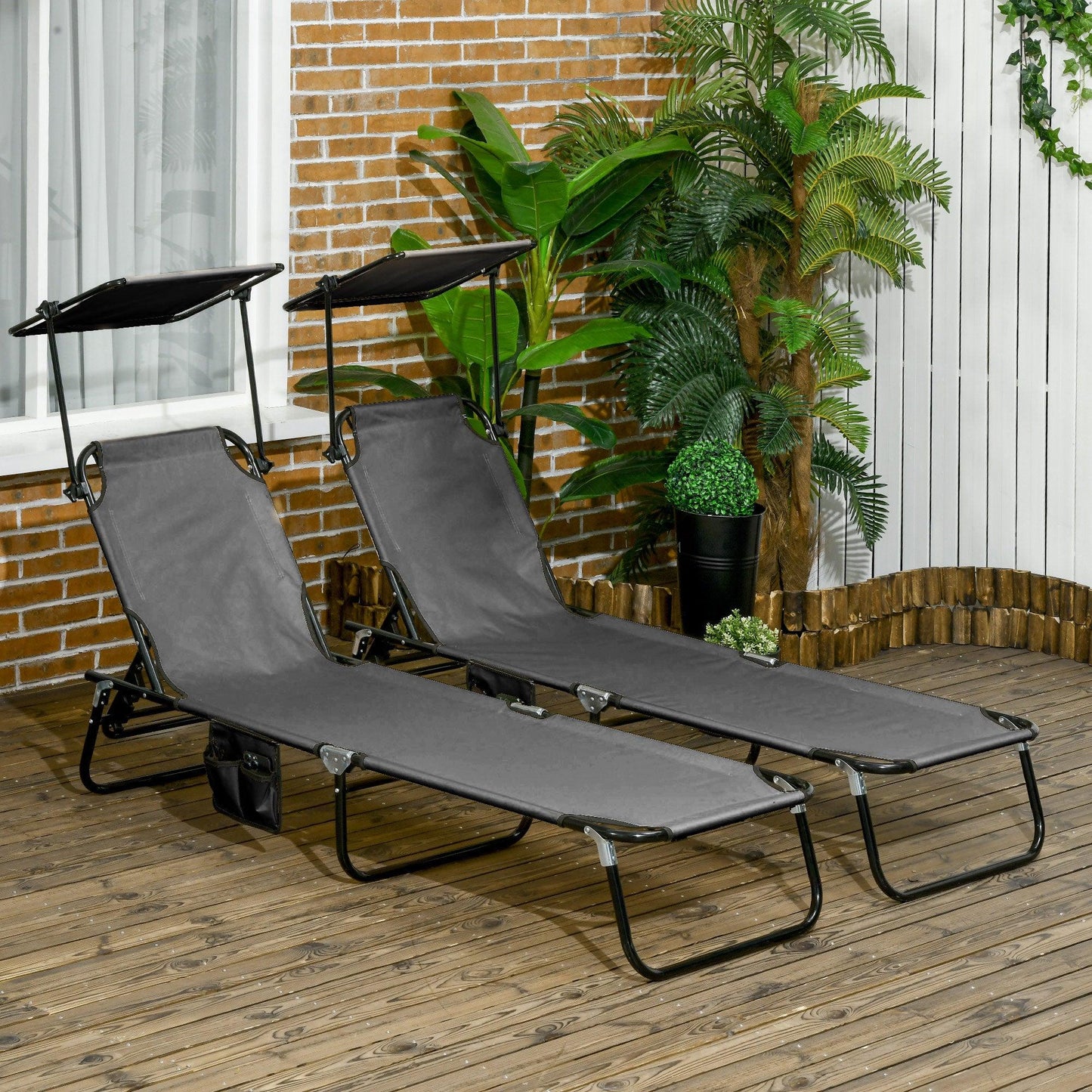 Reclining Lounge Chairs - Outsunny Pool Chaise Lounge Chairs Set of 2, Folding Lounge Chairs with Sunshade, Reclining Back, Steel Frame, Dark Gray - Outdoor Style Company