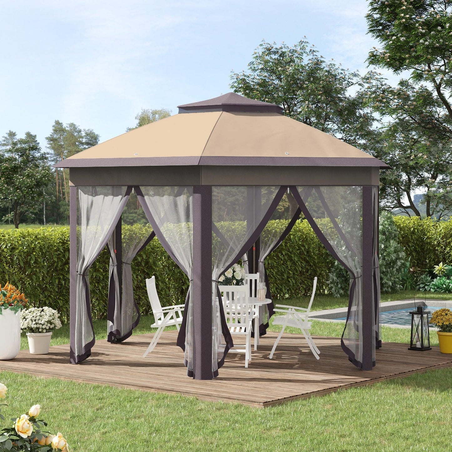 '-Outsunny Pop Up Gazebo Hexagonal Canopy with 6 Zippered Mesh Netting Event Tent with Strong Steel Frame for Patio Wedding Party 13.3' x 13.3' - Outdoor Style Company