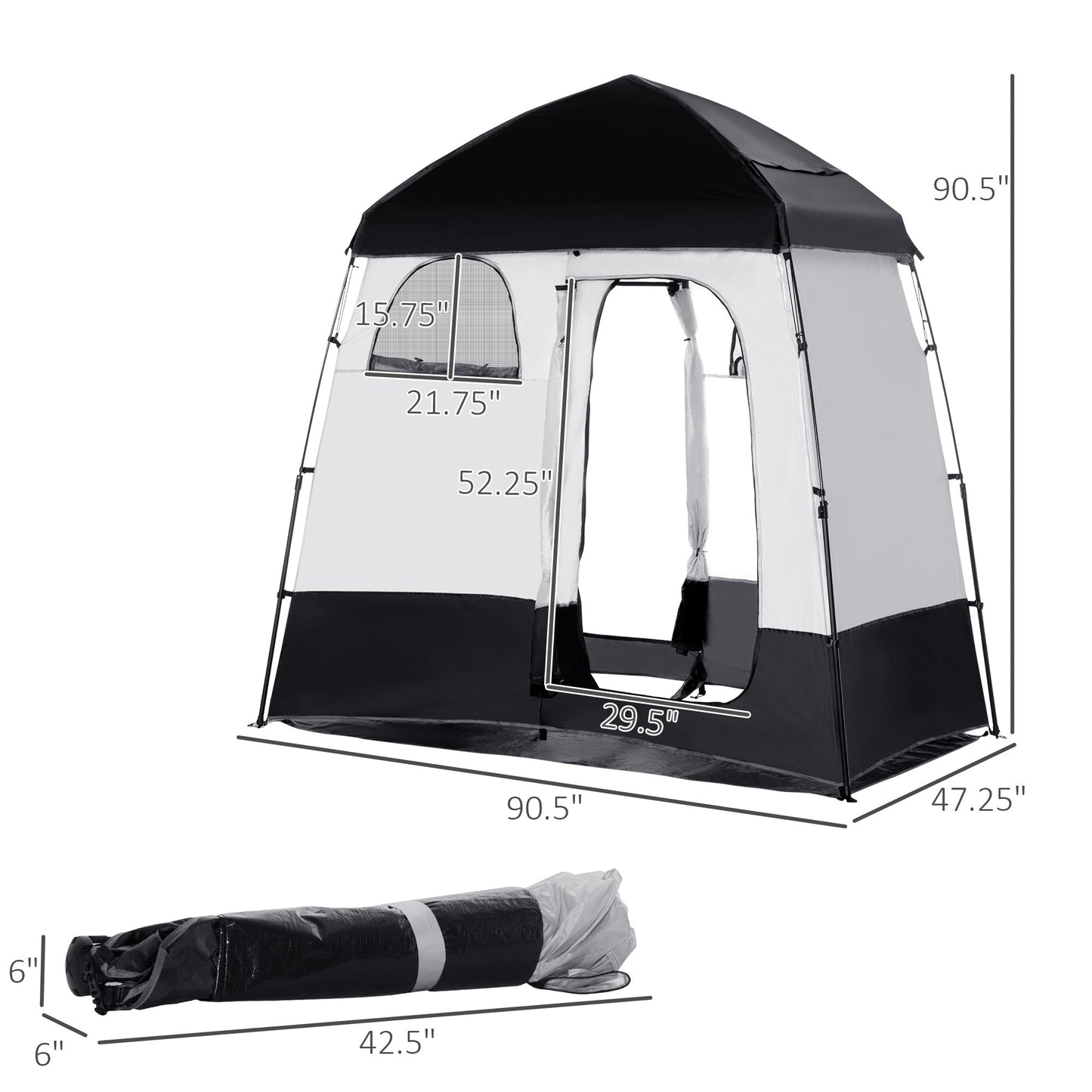 -Outsunny Pop Up Shower Tent w/ Two Rooms, Shower Bag, Floor and Carrying Bag, Portable Privacy Shelter, Instant Changing Room for 2 Person, Black - Outdoor Style Company