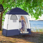 '-Outsunny Pop Up Shower Tent w/ Two Rooms, Shower Bag, Floor and Carrying Bag, Portable Privacy Shelter, Instant Changing Room for 2 Person, Blue - Outdoor Style Company