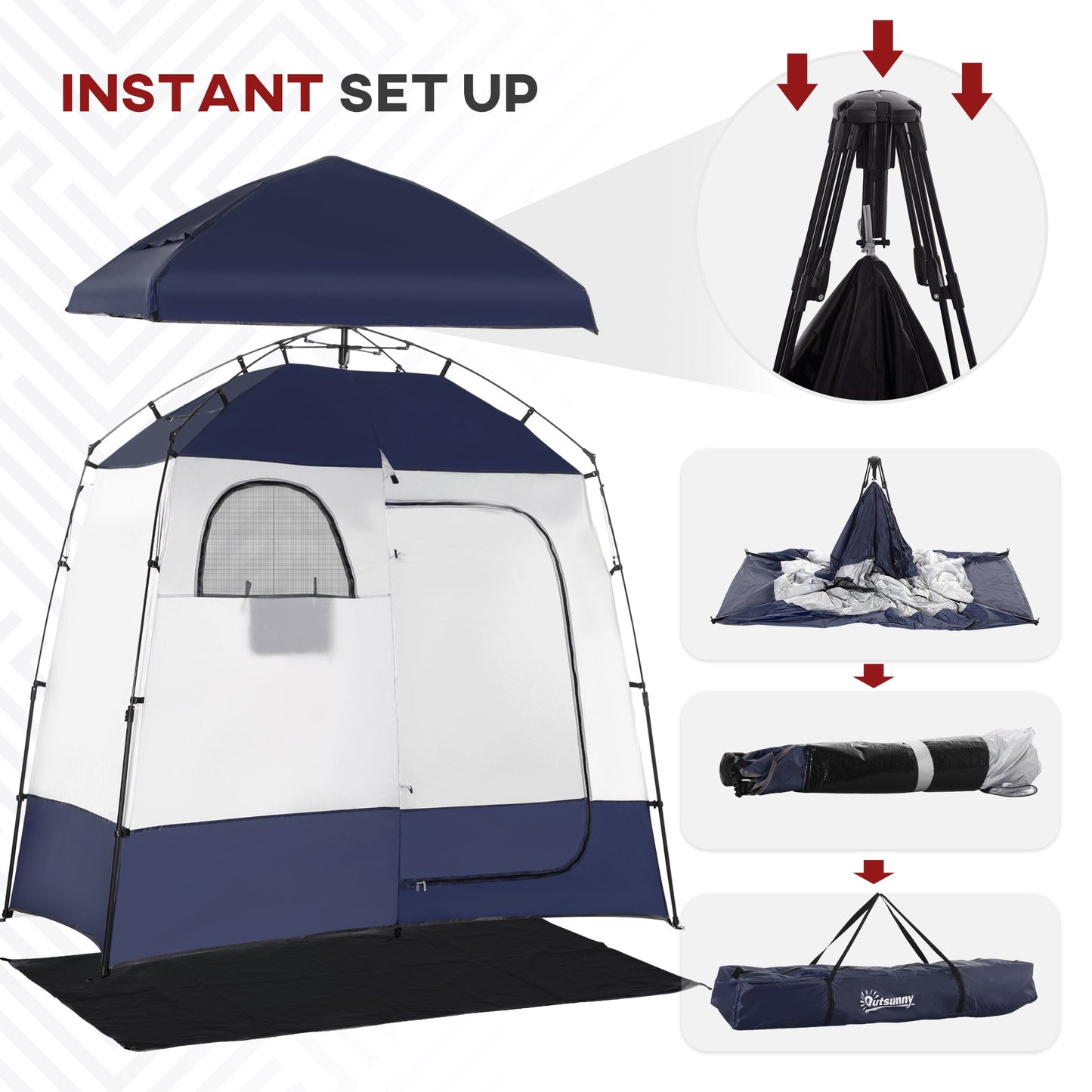 '-Outsunny Pop Up Shower Tent w/ Two Rooms, Shower Bag, Floor and Carrying Bag, Portable Privacy Shelter, Instant Changing Room for 2 Person, Blue - Outdoor Style Company