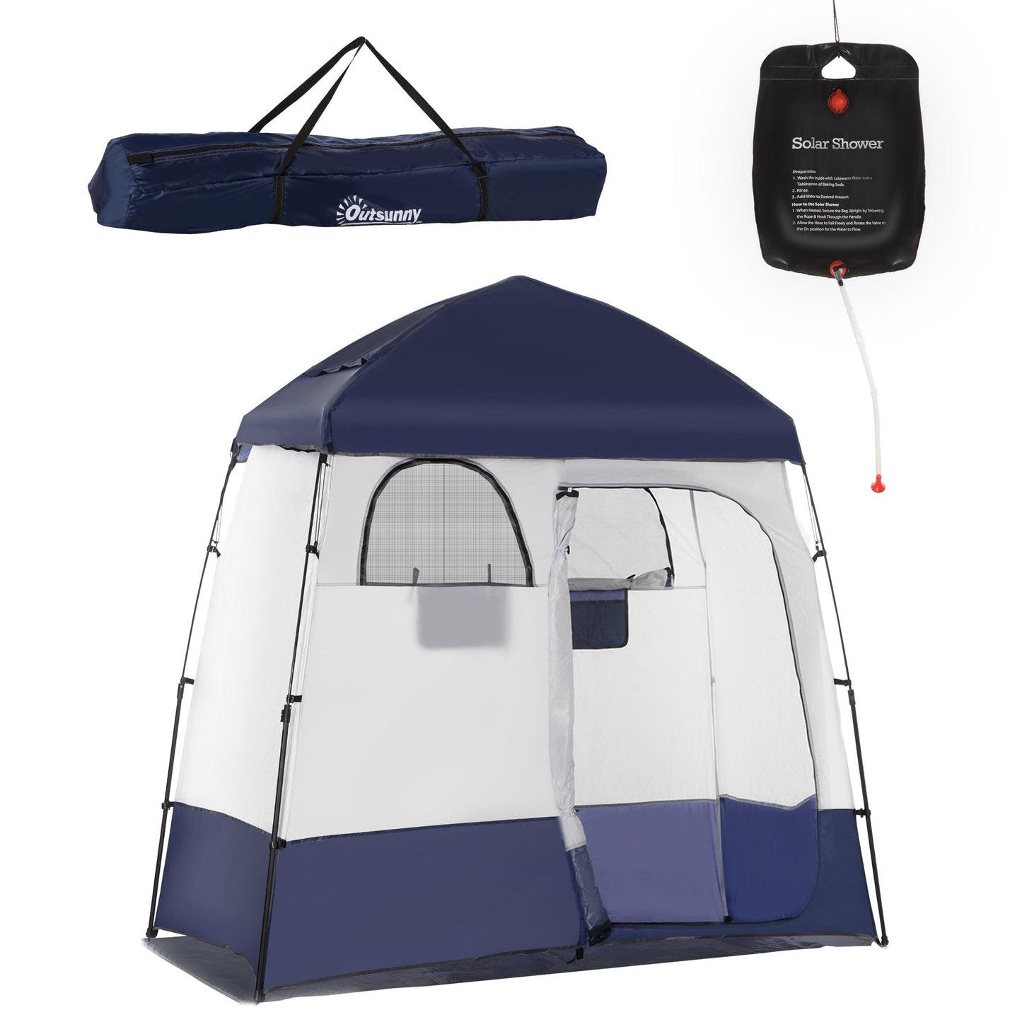 '-Outsunny Pop Up Shower Tent w/ Two Rooms, Shower Bag, Floor and Carrying Bag, Portable Privacy Shelter, Instant Changing Room for 2 Person, Blue - Outdoor Style Company