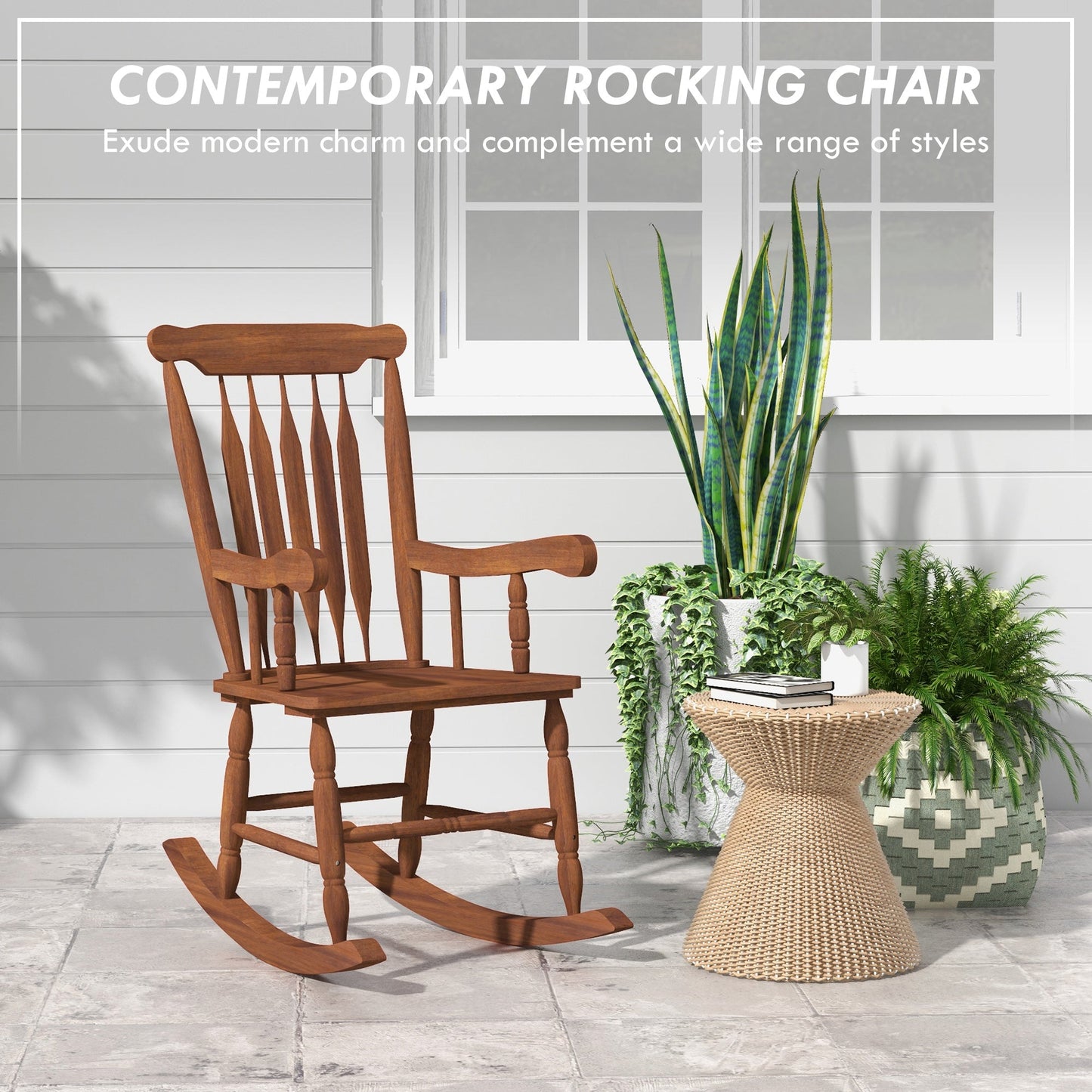 '-Outsunny Porch Rocker Chair, 350 lbs. Wooden Outdoor Rocking Chair with High Back for Garden, Patio, Balcony, Teak - Outdoor Style Company