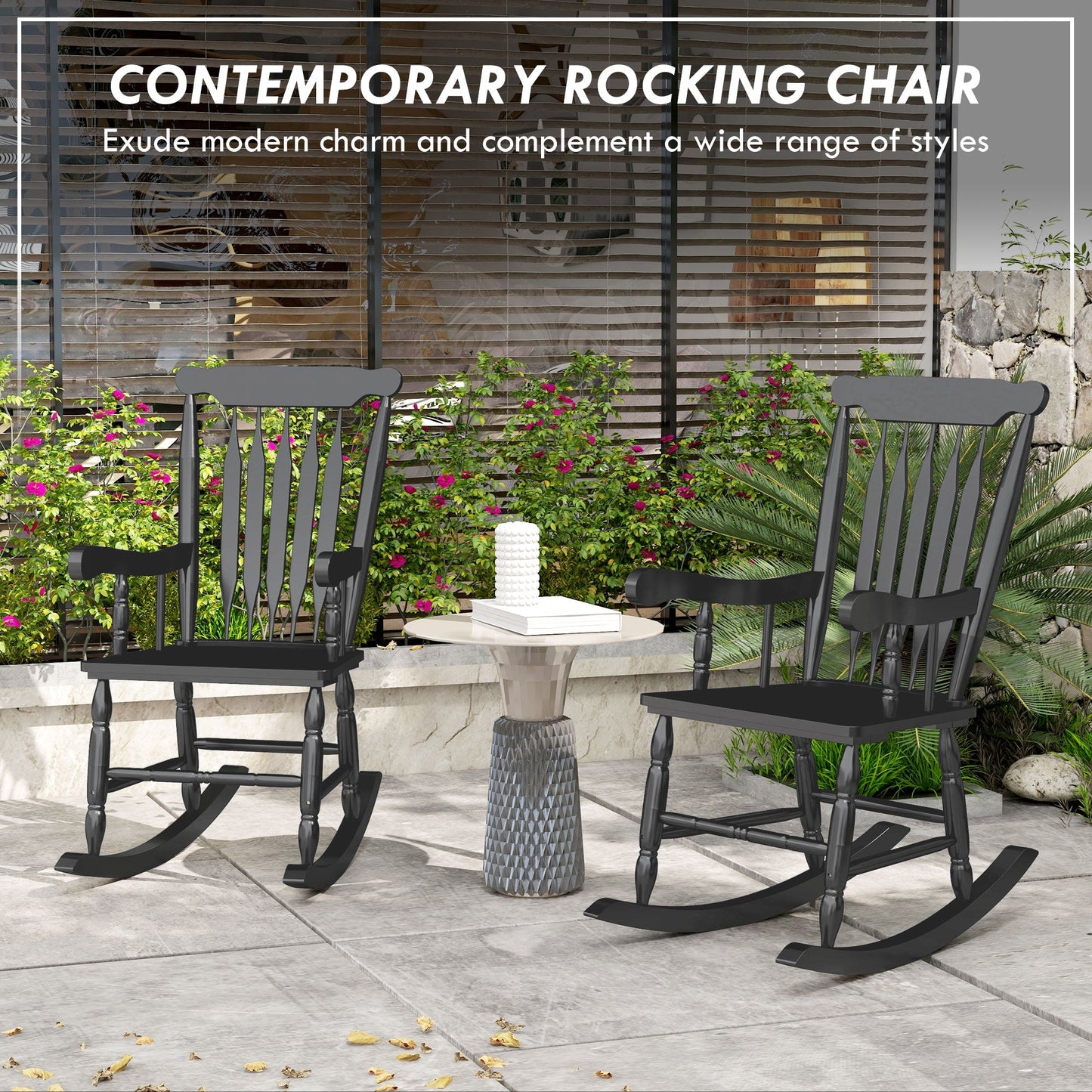 '-Outsunny Porch Rocker Chairs Set of 2, 350 lbs. Wooden Outdoor Rocking Chairs with High Back for Garden, Patio, Balcony, Black - Outdoor Style Company