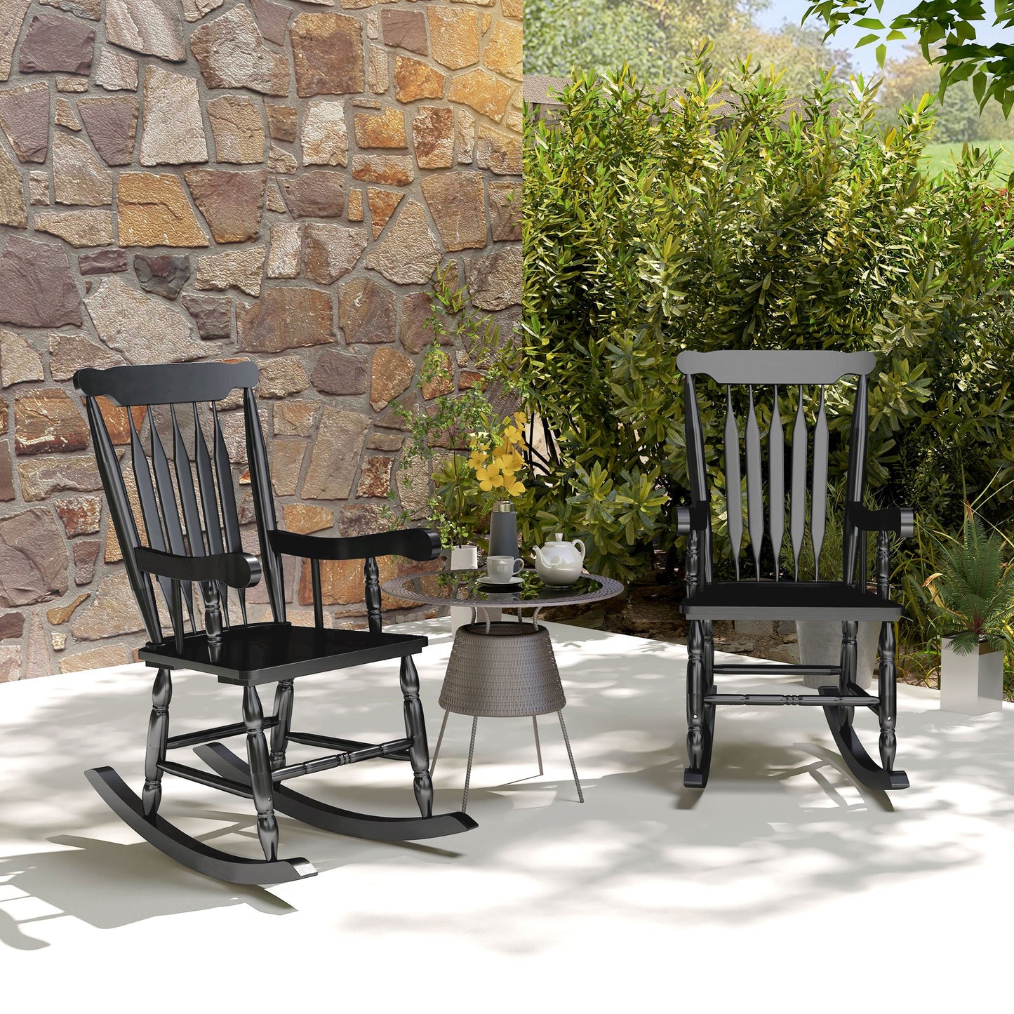 '-Outsunny Porch Rocker Chairs Set of 2, 350 lbs. Wooden Outdoor Rocking Chairs with High Back for Garden, Patio, Balcony, Black - Outdoor Style Company