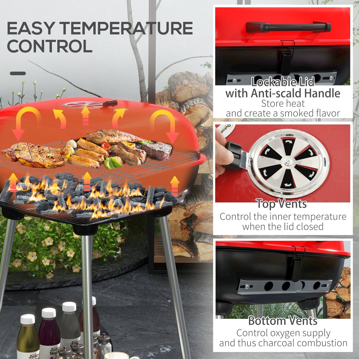 -Outsunny Portable BBQ Grill Charcoal Grill with Wheels Bottom Shelf and Adjustable Vents for Picnic, Camping, Backyard, Red - Outdoor Style Company