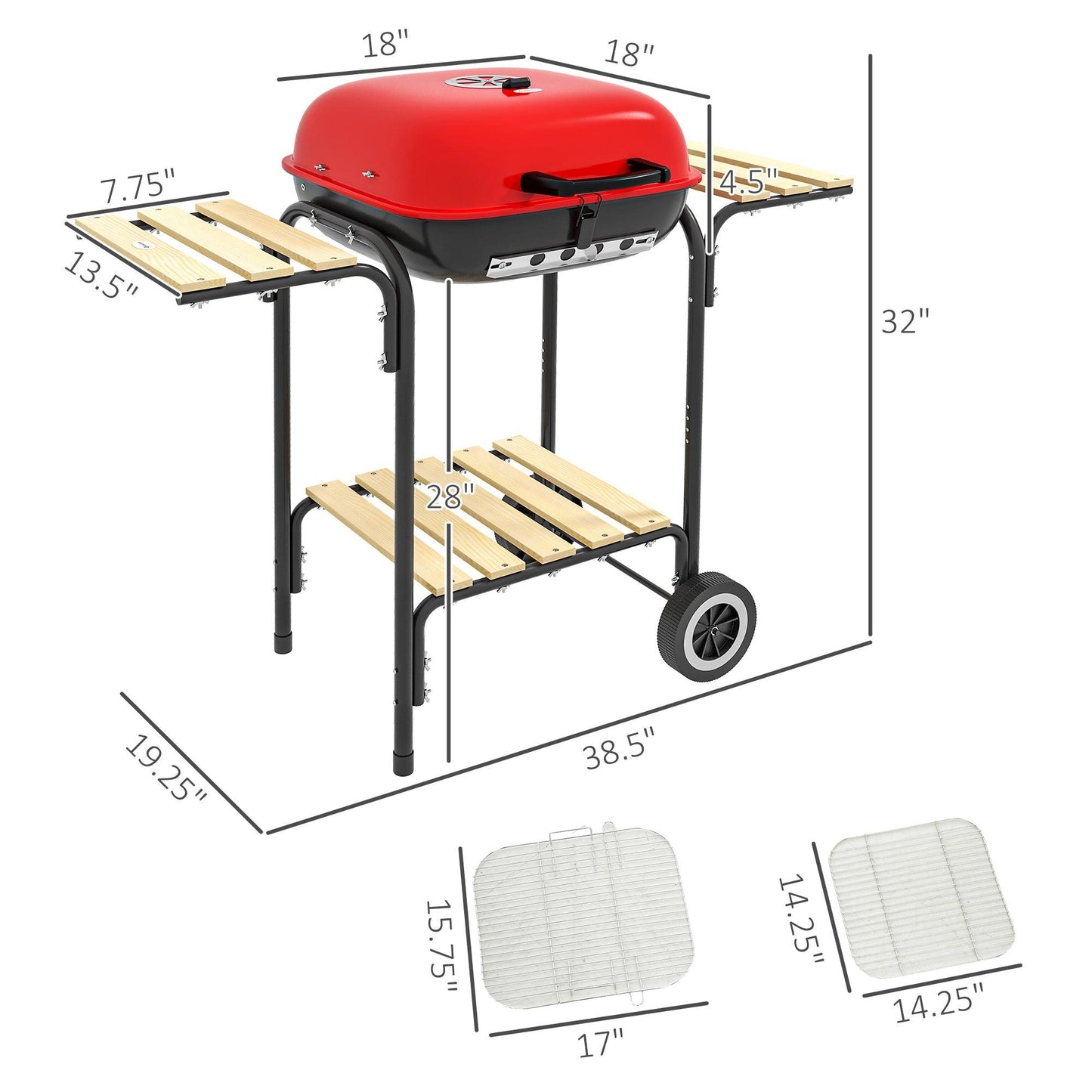 '-Outsunny Portable BBQ Grill Charcoal Grill with Wheels Shelves Adjustable Vents for Picnic Camping Backyard Red - Outdoor Style Company