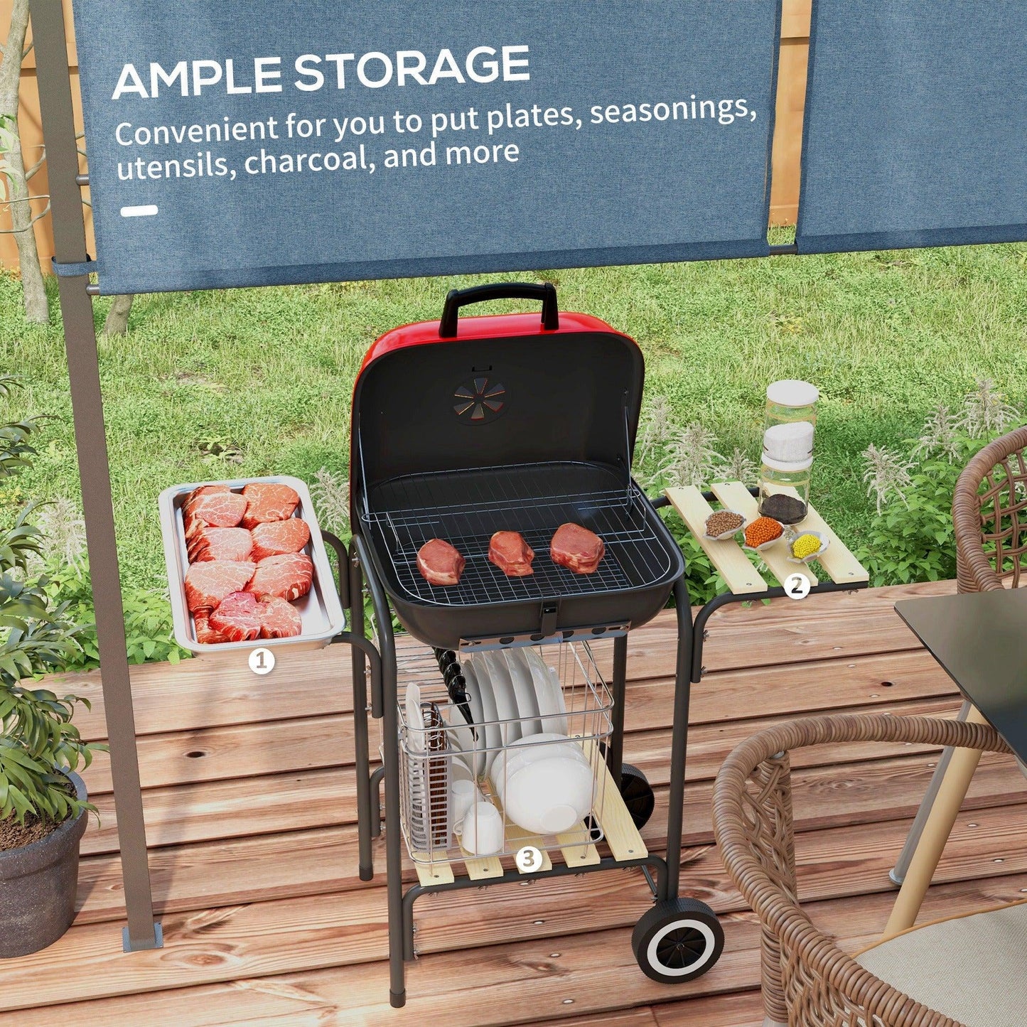 '-Outsunny Portable BBQ Grill Charcoal Grill with Wheels Shelves Adjustable Vents for Picnic Camping Backyard Red - Outdoor Style Company