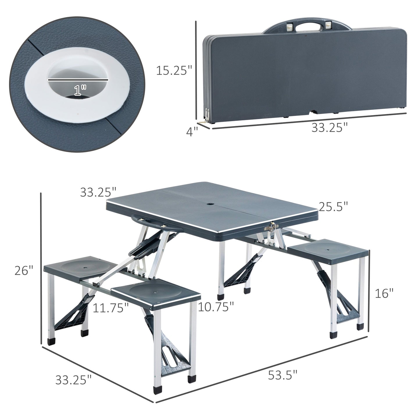 '-Outsunny Portable Camping Table with 4 seat Foldable Camping Picnic Table Set with Umbrella Hole, 4-Seats Aluminum Fold Up Travel Picnic Table, Gray - Outdoor Style Company