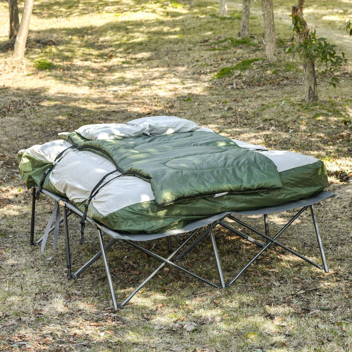 '-Outsunny Portable Cot Bed Compact Collapsible Camping Bed with Sleeping Bag Inflatable Air Mattress Pillows for 2 Person Fishing & Hiking - Outdoor Style Company