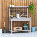 -Outsunny Potting Bench Table, Garden Work Bench, Workstation with Metal Sieve Screen, Removable Sink, Additional Hooks and Baskets for Patio, Grey - Outdoor Style Company