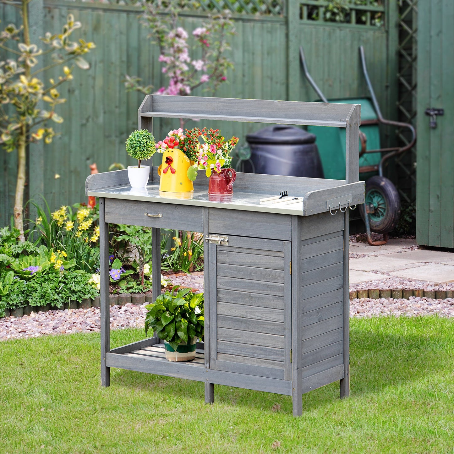 -Outsunny Potting Bench Table with Storage Cabinet and Open Shelf, Garden Planting Workstation with Steel Tabletop, Grey - Outdoor Style Company