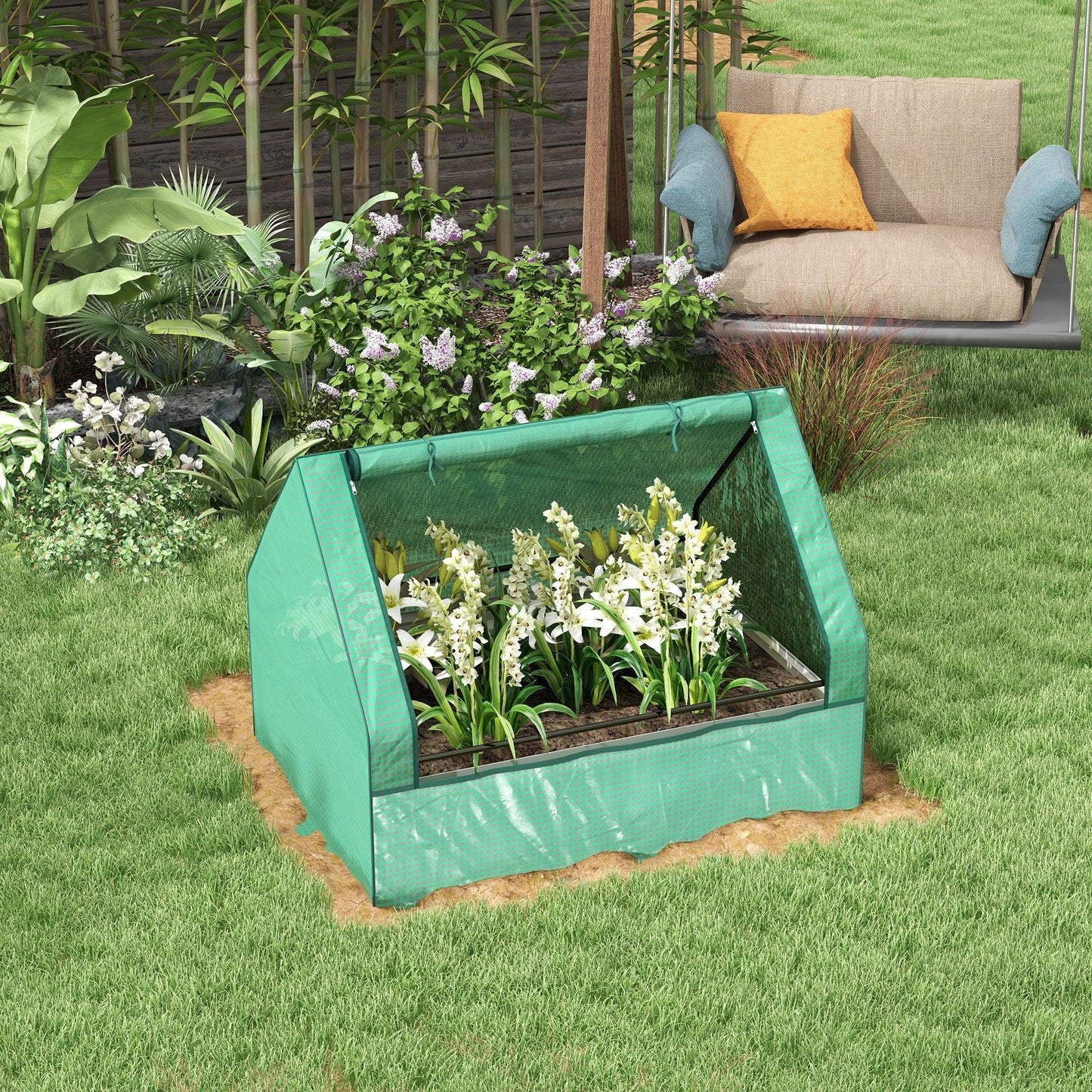 '-Outsunny Raised Garden Bed, Outdoor Metal Planter Box with Small Greenhouse, Outdoor Planter Box with Cover, Green and Silver - Outdoor Style Company