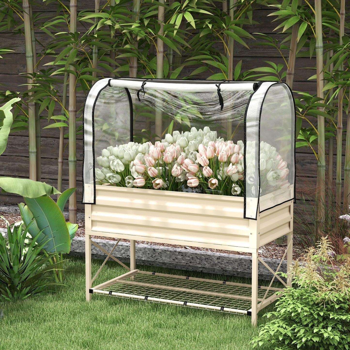 '-Outsunny Raised Garden Bed with Leg and Cover, Metal Elevated Planter Box with Bottom Shelf and Liner for Vegetables, Cream - Outdoor Style Company