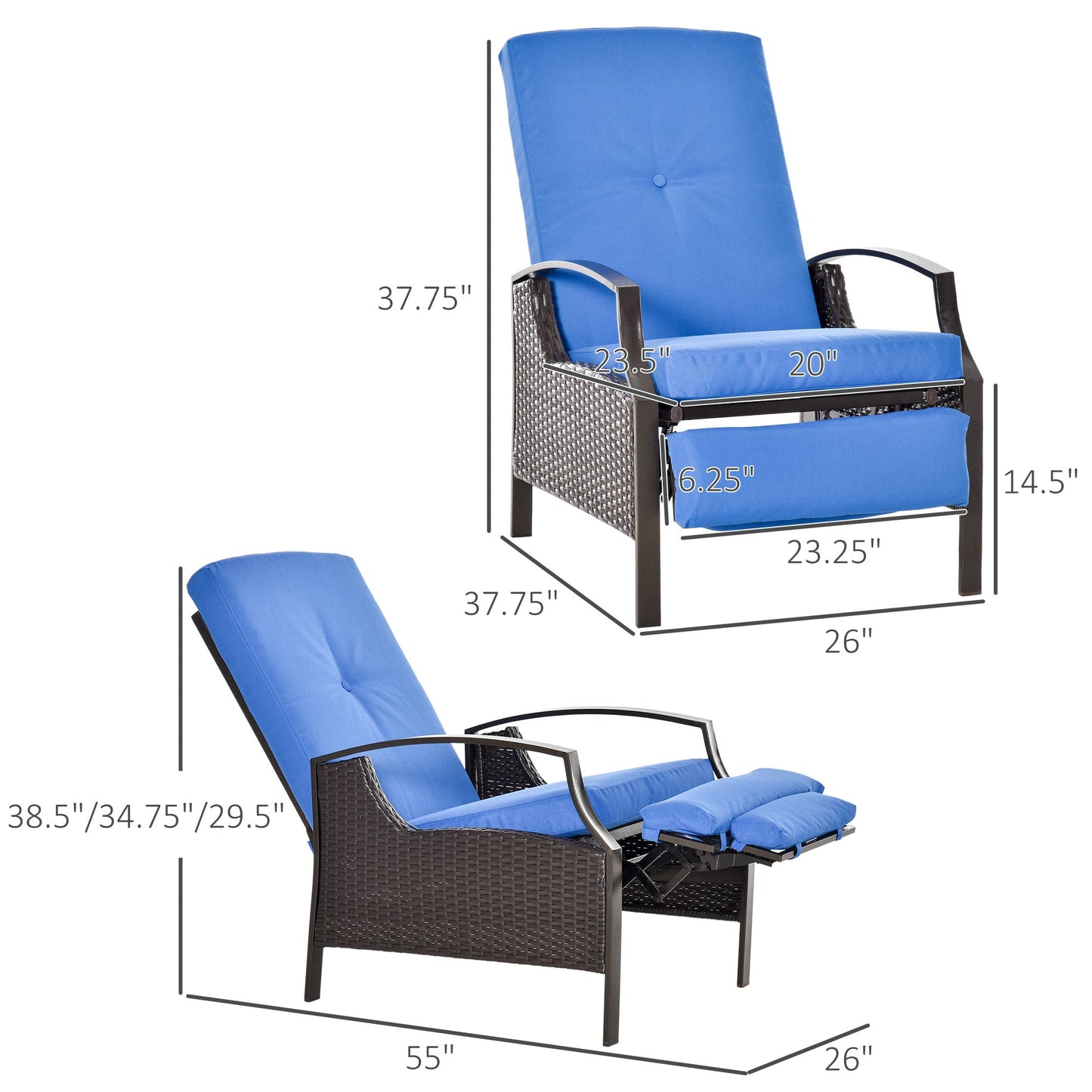 '-Outsunny Rattan Adjustable Recliner Chair with Hand-Woven All-Weather Wicker for Patio, Outdoor, Garden, Poolside, Blue - Outdoor Style Company