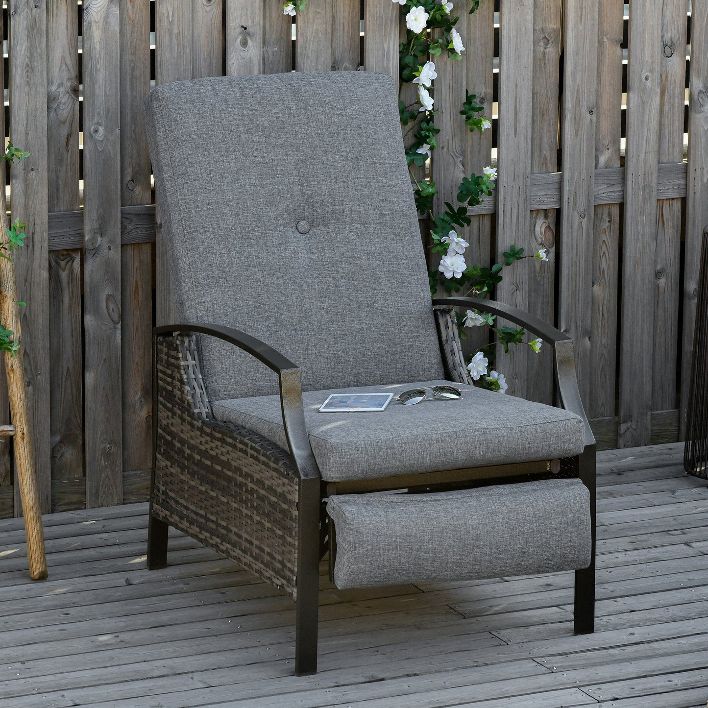 '-Outsunny Rattan Adjustable Recliner Chair with Hand-Woven All-Weather Wicker for Patio, Outdoor, Garden, Poolside, Grey - Outdoor Style Company