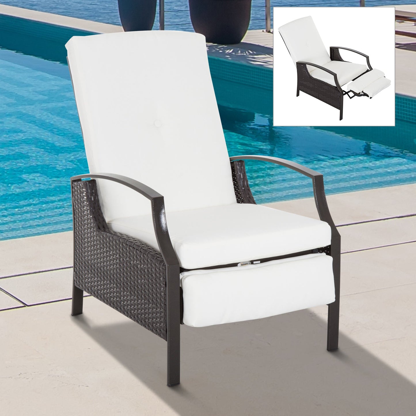 '-Outsunny Rattan Adjustable Recliner Chair with Hand-Woven All-Weather Wicker for Patio, Outdoor, Garden, Poolside, White - Outdoor Style Company