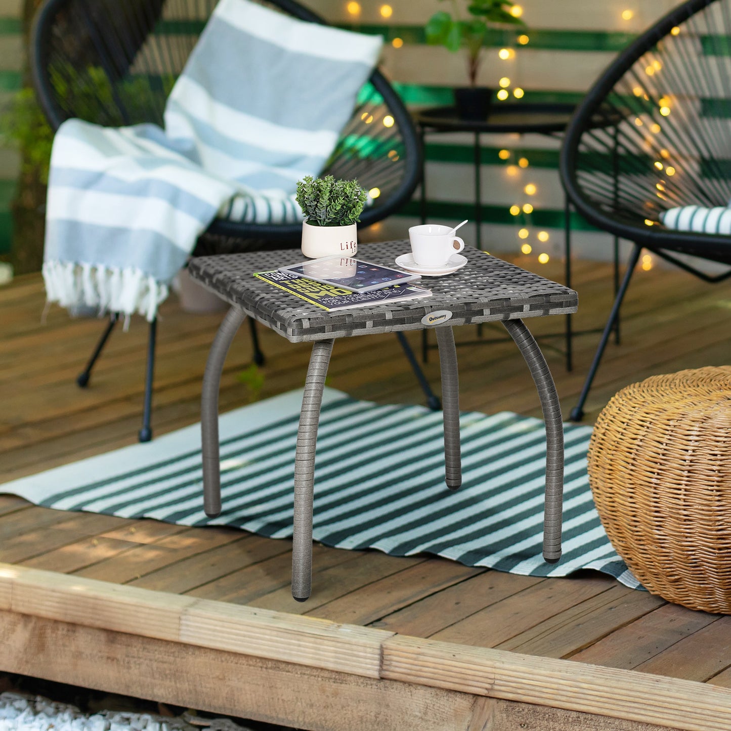 '-Outsunny Rattan Wicker Side Table, End Table with All-Weather Material for Outdoor, Garden, Balcony, or Backyard, Gray - Outdoor Style Company