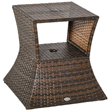 -Outsunny Rattan Wicker Side Table with Umbrella Hole, 2 Tier Storage Shelf for All Weather for Outdoor, Patio, Garden, Backyard, Mixed Brown - Outdoor Style Company