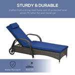 '-Outsunny Reclining Chaise Lounge Chair, Rolling Outdoor Rattan Chair with Cushion, Headrest, Armrests, and Wheels, Dark Blue - Outdoor Style Company