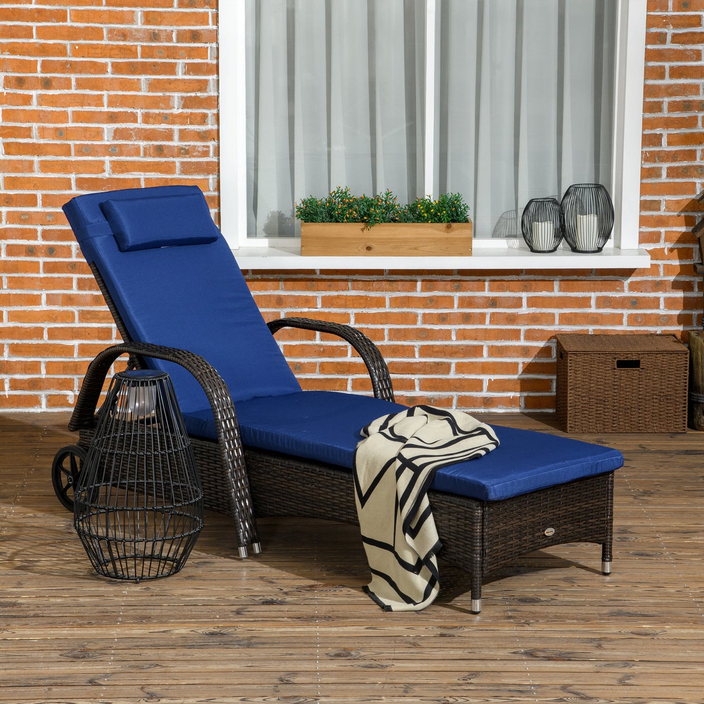 '-Outsunny Reclining Chaise Lounge Chair, Rolling Outdoor Rattan Chair with Cushion, Headrest, Armrests, and Wheels, Dark Blue - Outdoor Style Company