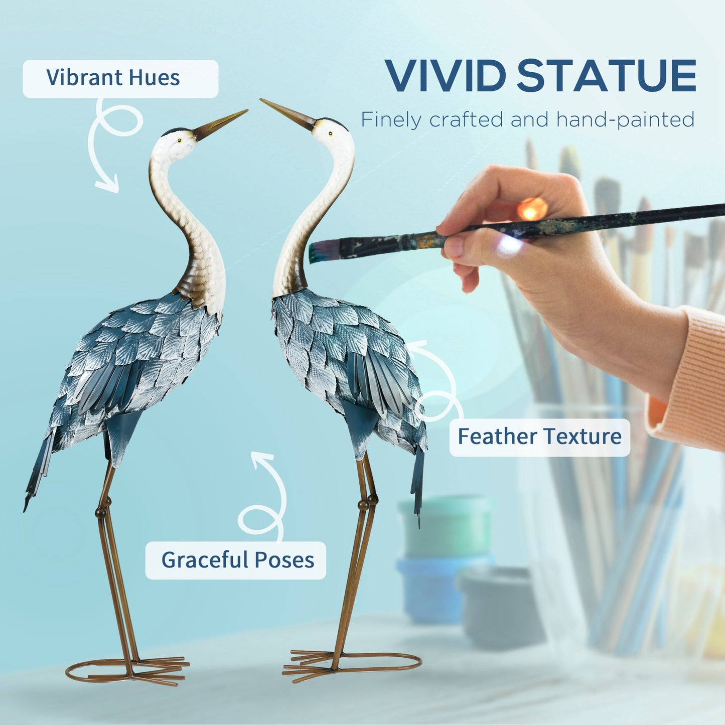 '-Outsunny Set of 2 Garden Sculptures Crane Garden Statues for Lawn Patio Backyard Decoration, 28.5"-29", Blue - Outdoor Style Company