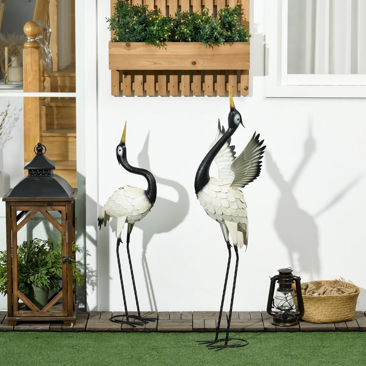 -Outsunny Set of 2 Garden Sculptures, Heron Garden Statues for Lawn, Patio, Backyard Decoration, 35.5" & 40.5", White & Black - Outdoor Style Company