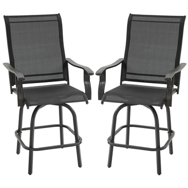 -Outsunny Set of 2 Outdoor Swivel Bar Stools with Armrests, Bar Height Patio Chairs with Steel Frame for Balcony, Poolside, Backyard, Black - Outdoor Style Company