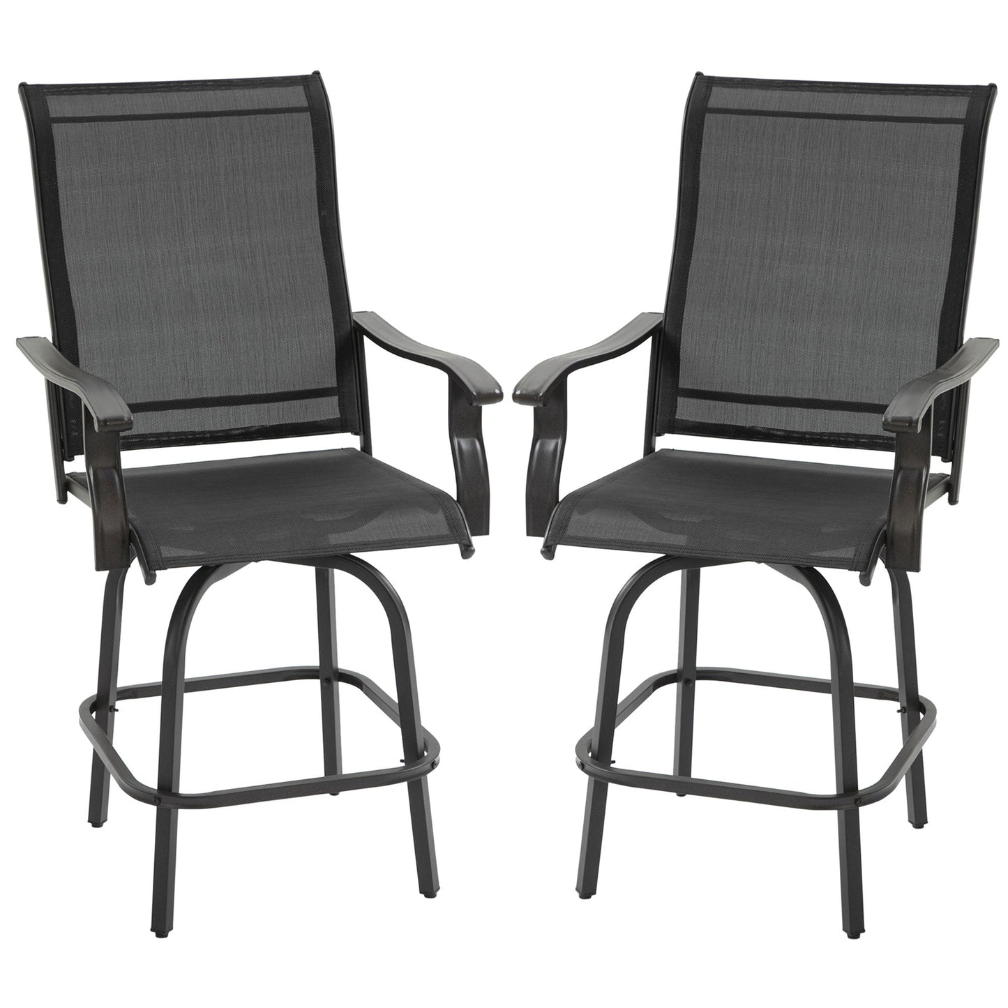 -Outsunny Set of 2 Outdoor Swivel Bar Stools with Armrests, Bar Height Patio Chairs with Steel Frame for Balcony, Poolside, Backyard, Black - Outdoor Style Company