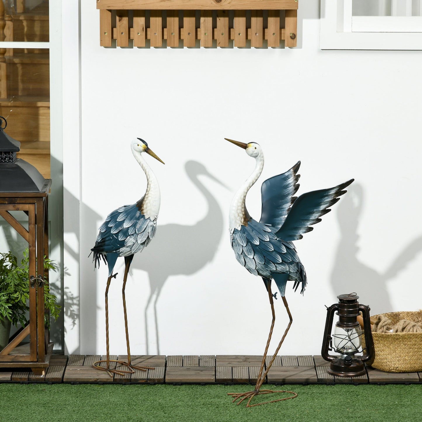 '-Outsunny Set of 2 Standing Bird Garden Sculptures, Heron Garden Statues for Lawn, Patio, Backyard Decoration, 29" & 27.5", Blue & White - Outdoor Style Company