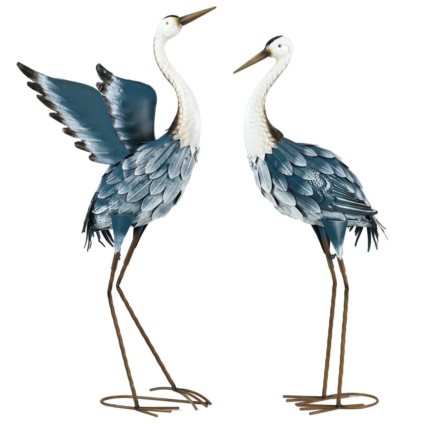 '-Outsunny Set of 2 Standing Bird Garden Sculptures, Heron Garden Statues for Lawn, Patio, Backyard Decoration, 29" & 27.5", Blue & White - Outdoor Style Company