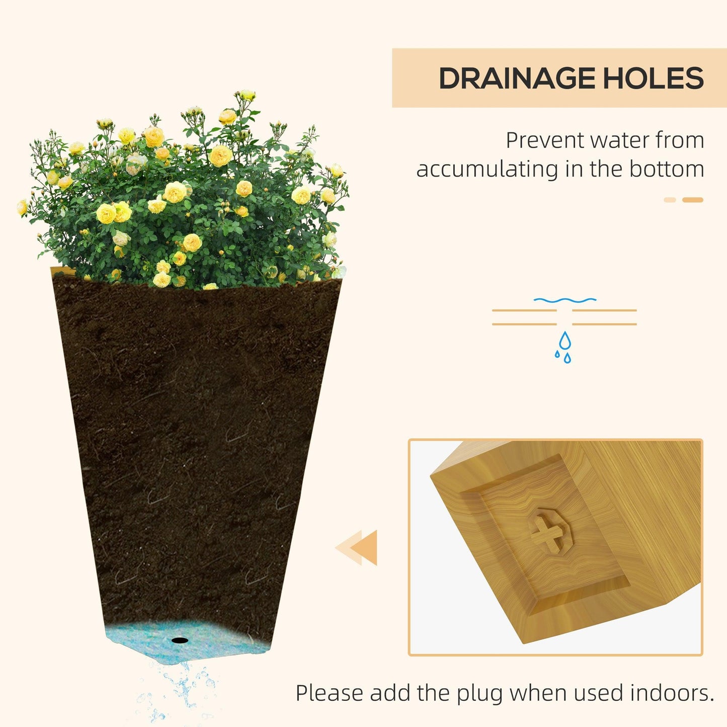 Floor Planters - Outsunny Set of 3 Tall Planters, 22" Outdoor Planter with Drainage Holes, Plastic Flower Pots for Outdoor, Indoor, Brown - Outdoor Style Company