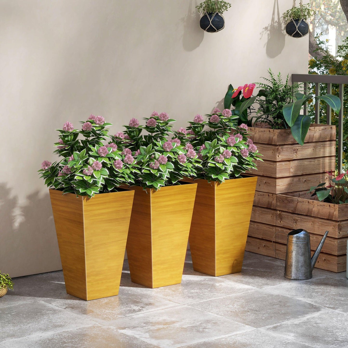 Floor Planters - Outsunny Set of 3 Tall Planters, 22" Outdoor Planter with Drainage Holes, Plastic Flower Pots for Outdoor, Indoor, Brown - Outdoor Style Company