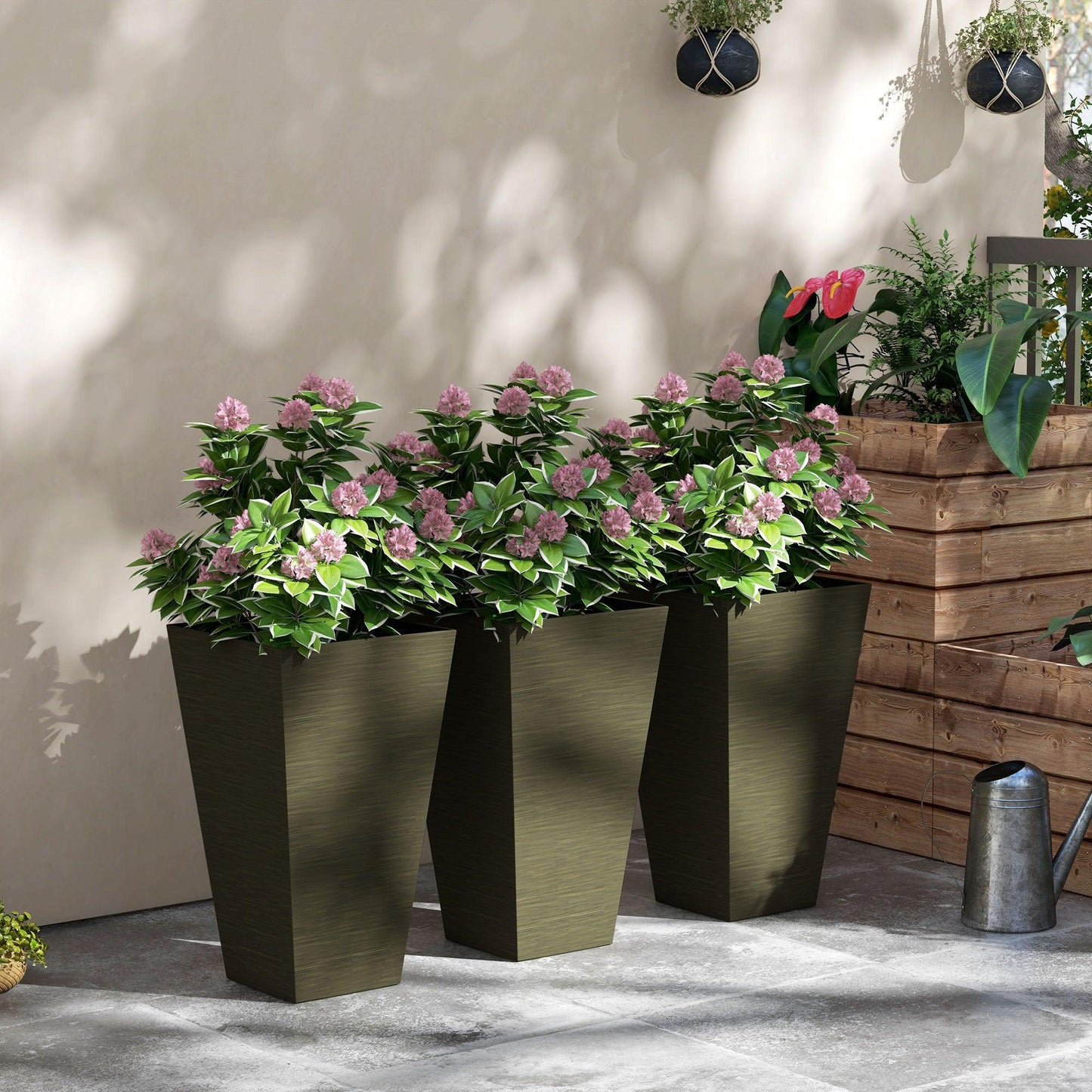 Floor Planters - Outsunny Set of 3 Tall Planters, 28" Outdoor Planter with Drainage Holes, Plastic Flower Pots for Outdoor, Indoor, Bronze - Outdoor Style Company