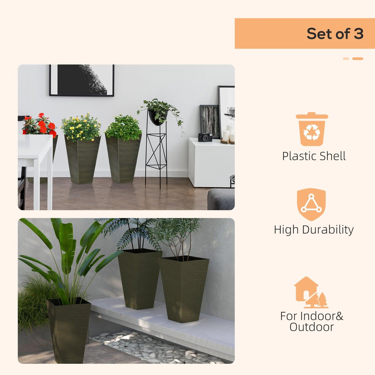 Floor Planters - Outsunny Set of 3 Tall Planters, 28" Outdoor Planter with Drainage Holes, Plastic Flower Pots for Outdoor, Indoor, Bronze - Outdoor Style Company