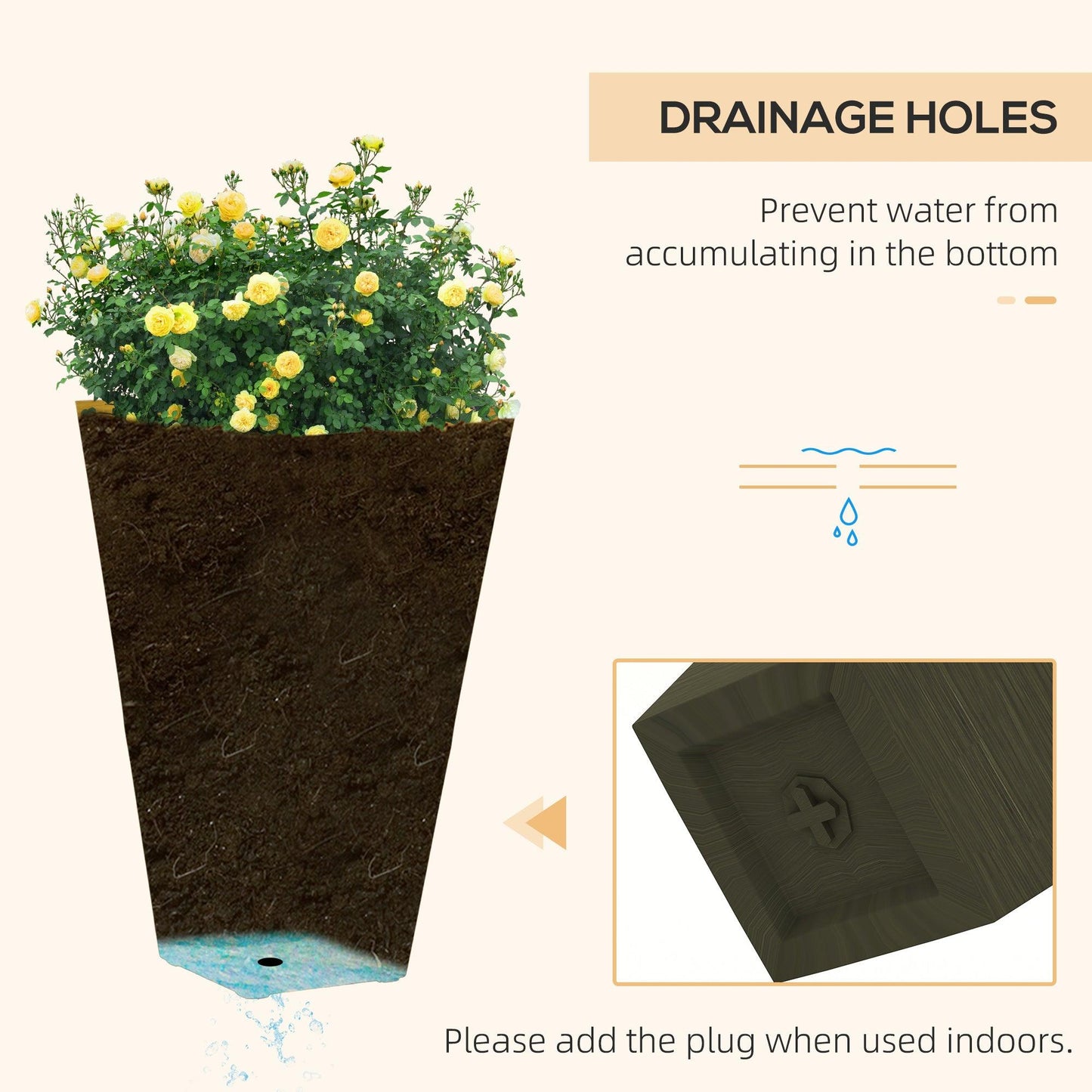 Floor Planters - Outsunny Set of 3 Tall Planters, 28" Outdoor Planter with Drainage Holes, Plastic Flower Pots for Outdoor, Indoor, Bronze - Outdoor Style Company