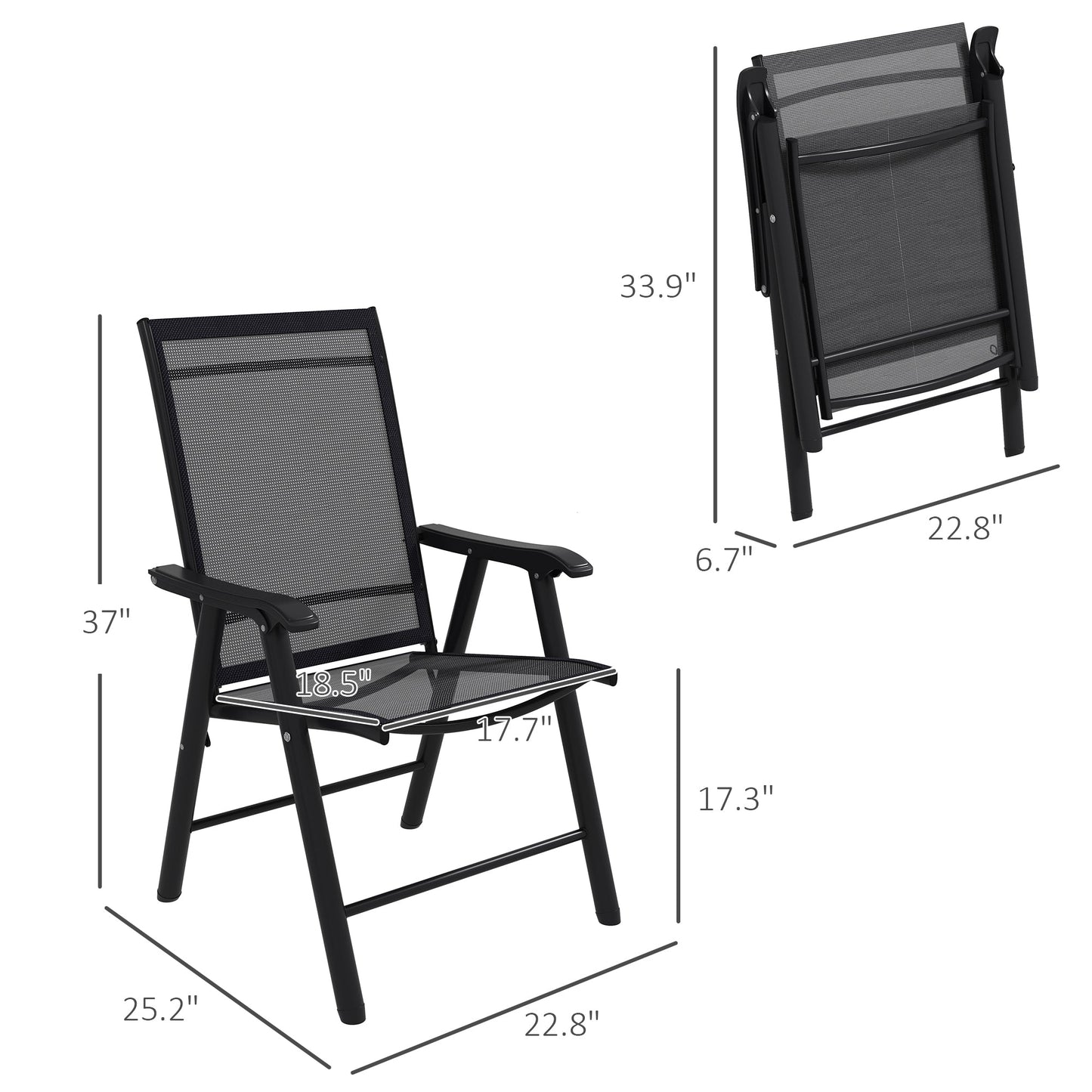 '-Outsunny Set of 4 Outdoor Folding Chairs, Stackable Patio Dining Chairs with Armrests, Metal Frame, Black - Outdoor Style Company