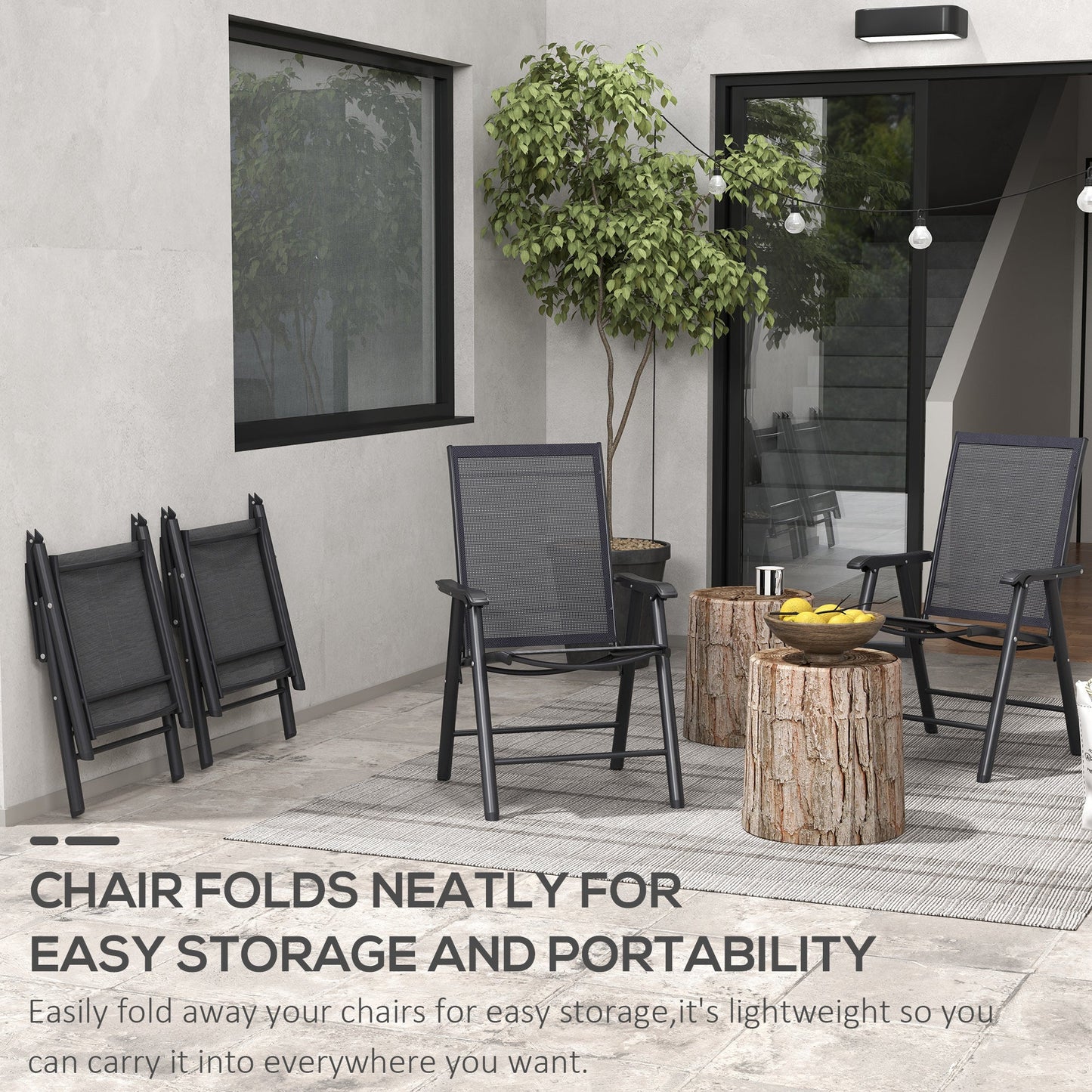 '-Outsunny Set of 4 Outdoor Folding Chairs, Stackable Patio Dining Chairs with Armrests, Metal Frame, Black - Outdoor Style Company