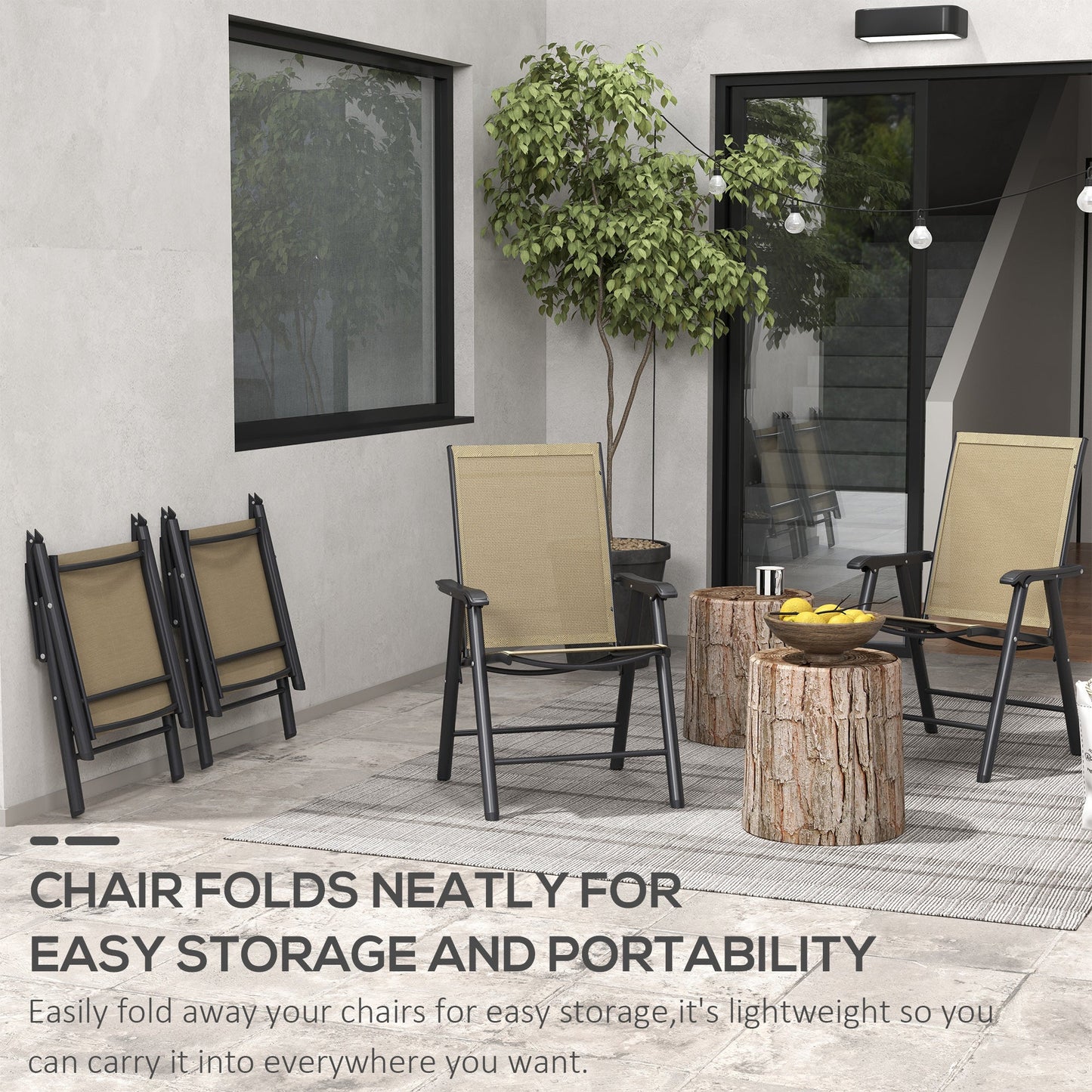 '-Outsunny Set of 4 Outdoor Folding Chairs, Stackable Patio Dining Chairs with Armrests, Metal Frame, Light Mixed Brown - Outdoor Style Company