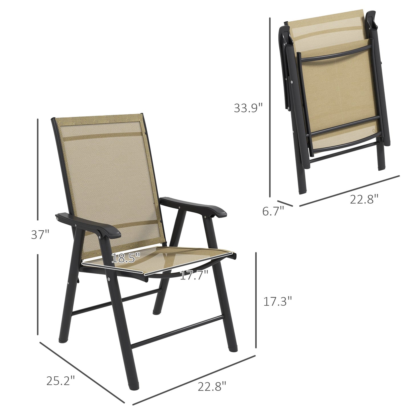 '-Outsunny Set of 4 Outdoor Folding Chairs, Stackable Patio Dining Chairs with Armrests, Metal Frame, Light Mixed Brown - Outdoor Style Company