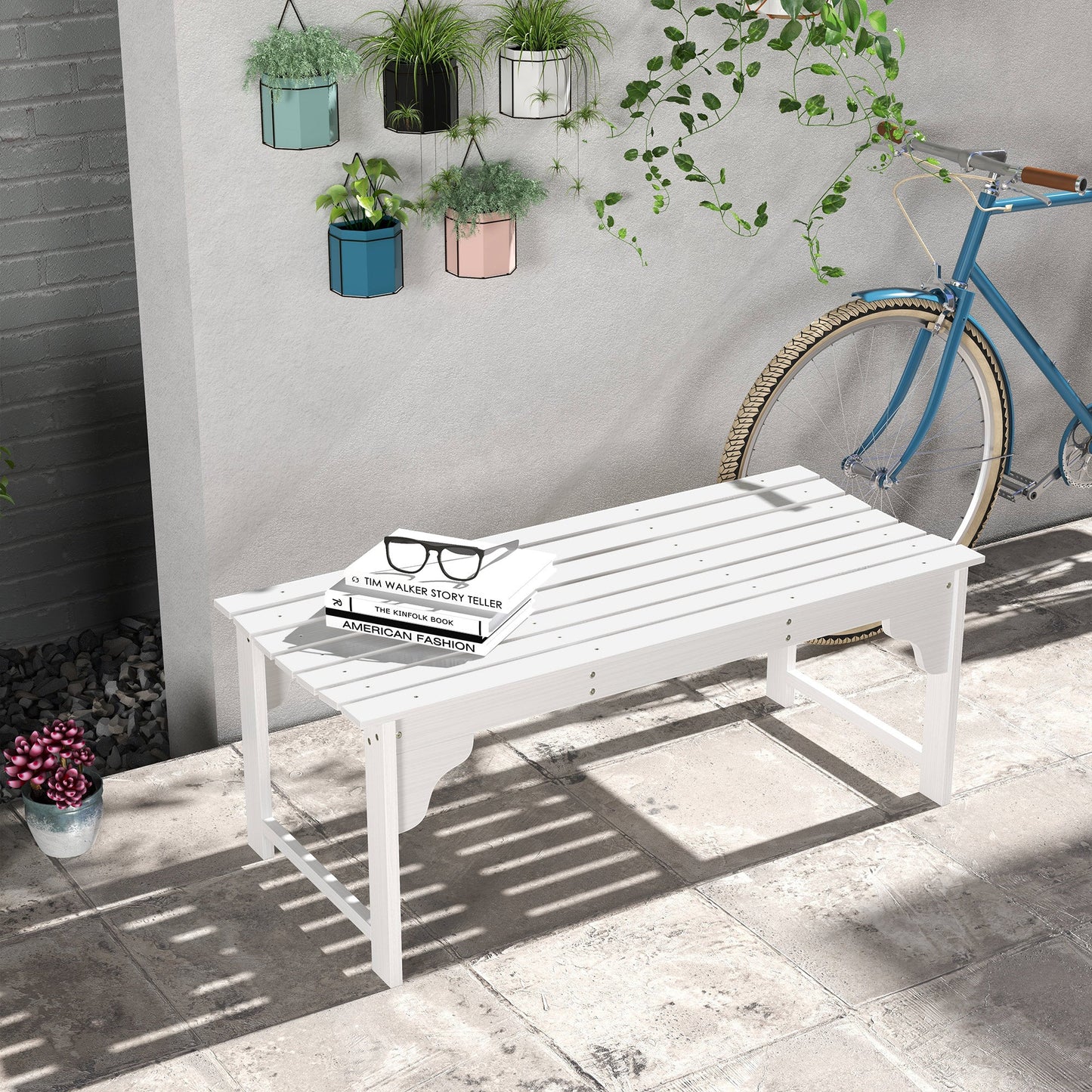 '-Outsunny Slatted Wooden Garden Bench, Curved Seat Front Porch Bench, White - Outdoor Style Company