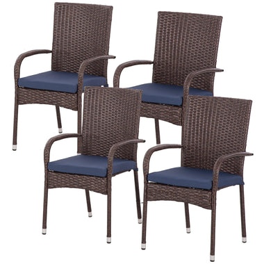 Reclining Lounge Chairs - Outsunny Stackable PE Rattan Outdoor Dining Chairs with Cushion, Patio Wicker Dining Chair with Armrests & Backrest, Blue - Outdoor Style Company